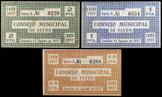 Fayón (Zaragoza). 50 céntimos, 1 y 2 pesetas. (KG. 346a) (T. 193 a 195) (RGH. 2420 a 2422). 3 billetes, 2ª emisión. Raros. MBC-/MBC+.