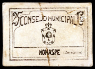 Nonaspe (Zaragoza). 25 céntimos. (KG. 538) (T. falta) (RGH. falta). Cartón. Raro. MBC-.