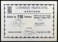 Sástago (Zaragoza). 2 pesetas. (KG. 692) (RGH. 4795). Serie B. Muy raro así. S/C-.
