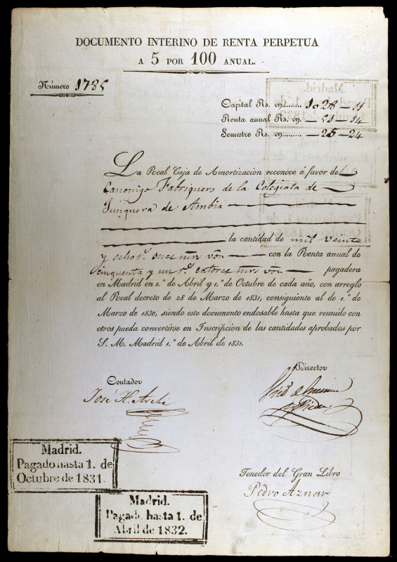 1831. Documento interino de Renta Perpetua a 5 por 100 anual, por el que la Real...