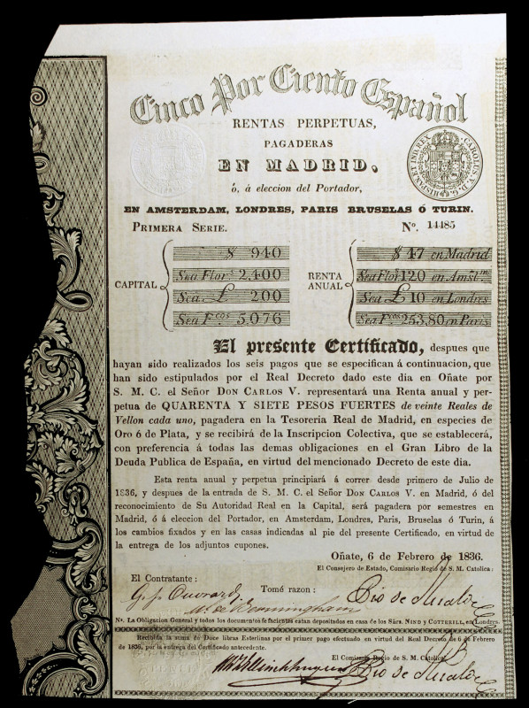 1836. Carlos V, Pretendiente. Rentas Perpetuas. Oñate. 47 pesos fuertes. (Ed. A2...