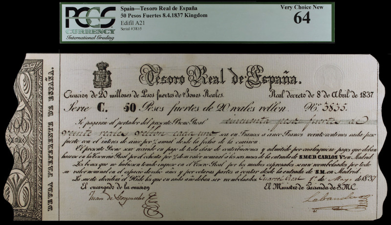 1837. Carlos V, Pretendiente. Tesoro Real de España. 50 pesos fuertes. (Ed. A21)...