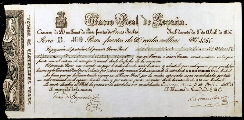 1837. Carlos V, Pretendiente. Tesoro Real de España. 100 pesos fuertes. (Ed. A22...