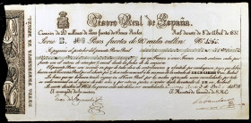 1837. Carlos V, Pretendiente. Tesoro Real de España. 100 pesos fuertes. (Ed. A22) (Ed. 22). 5 de abril de 1838. Serie B. Con sello en seco del Pretend...