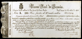 1837. Carlos V, Pretendiente. Tesoro Real de España. 200 pesos fuertes. (Ed. A23) (Ed. 23). Fecha manuscrita 15 de mayo de 1839. Serie A. Con sello en...