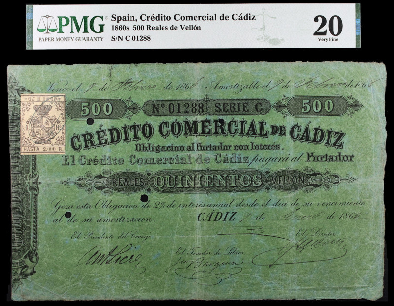 1865. Crédito Comercial de Cádiz. 500 reales de vellón. 9 de enero. Serie C. 3 f...