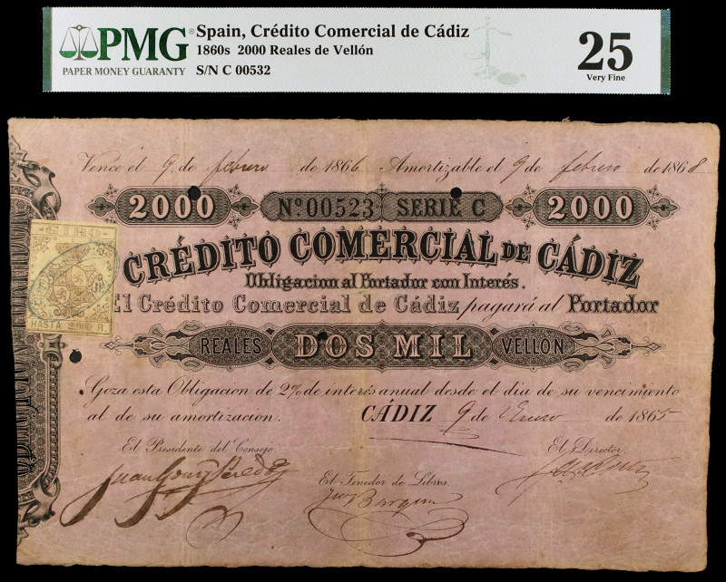 1865. Crédito Comercial de Cádiz. 2000 reales de vellón. 9 de enero. Serie C, nº...