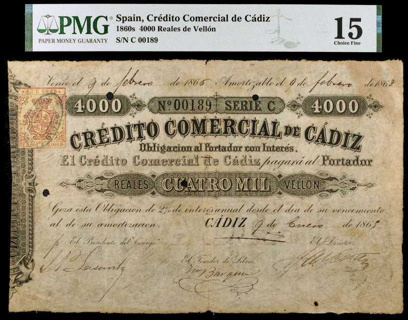 1865. Crédito Comercial de Cádiz. 4000 reales de vellón. 9 de enero. Serie C, nº...