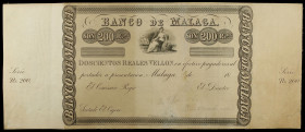 18... (1856). Banco de Málaga. 200 reales de vellón. (Ed. A99) (Ed. 103). I emisión. Sin fechas, ni firmas, ni numeración. Con matrices laterales. Pru...