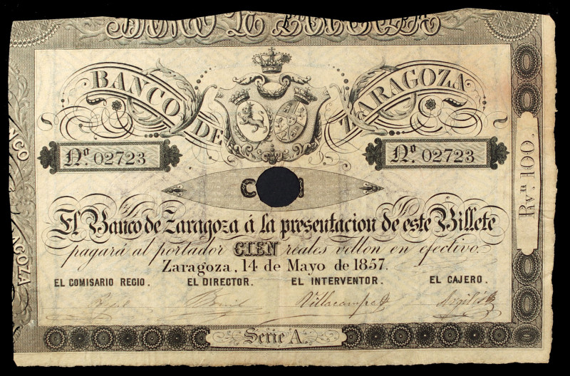 1857. Banco de Zaragoza. 100 reales de vellón. (Ed. A117A) (Ed. 126A). 14 de may...