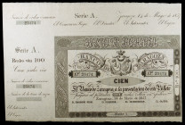 1857. Banco de Zaragoza. 100 reales de vellón. (Ed. A117B) (Ed. 126B). 14 de mayo. Serie A. Sin taladros ni firmas. Con matriz lateral izquierda y sup...
