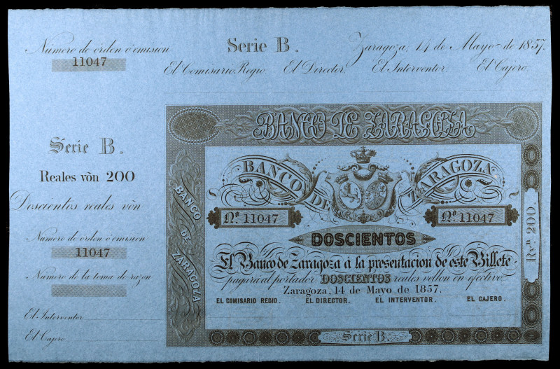 1857. Banco de Zaragoza. 200 reales de vellón. (Ed. A118B)(Ed. 127B). 14 de mayo...