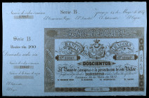 1857. Banco de Zaragoza. 200 reales de vellón. (Ed. A118B)(Ed. 127B). 14 de mayo. Serie B. Sin taladro, ni firmas. Con matriz lateral izquierda y supe...