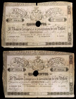 1857. Banco de Zaragoza. 500 reales de vellón. (Ed. A119A) (Ed. 128A). 14 de mayo. Serie C. Con taladro central y firmas. Pareja correlativa, nº 00043...