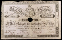 1857. Banco de Zaragoza. 500 reales de vellón. (Ed. A119A) (Ed. 128A). 14 de mayo. Serie C. Con taladro central y firmas. Nº 02367. Reverso impreso. M...