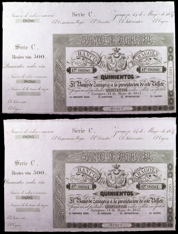 1857. Banco de Zaragoza. 500 reales de vellón. (Ed. A119B) (Ed. 128B). 14 de may...