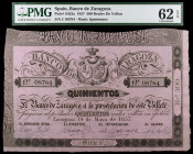 1857. Banco de Zaragoza. 500 reales de vellón. (Ed. A119C) (Ed. 128C). 14 de mayo. Serie C. Sin taladro, con firmas y reverso sin imprimir. Certificad...