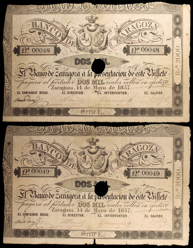1857. Banco de Zaragoza. 2000 reales de vellón. (Ed. A121A) (Ed. 130A). 14 de ma...