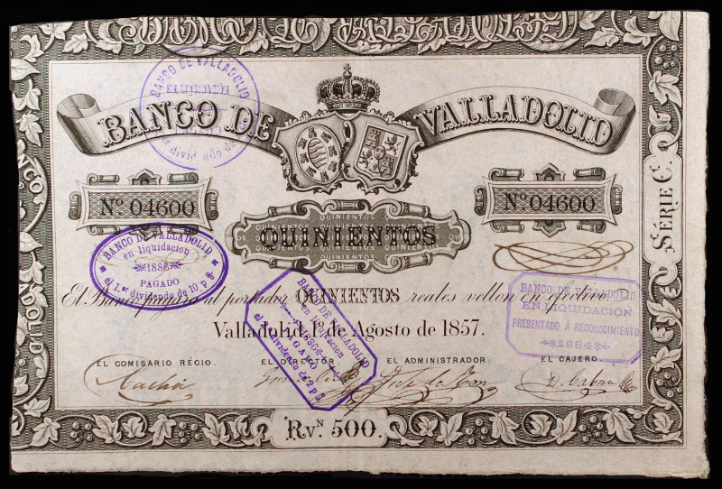 1857. Banco de Valladolid. 500 reales de vellón. (Ed. A124) (Ed. 133). 1 de agos...