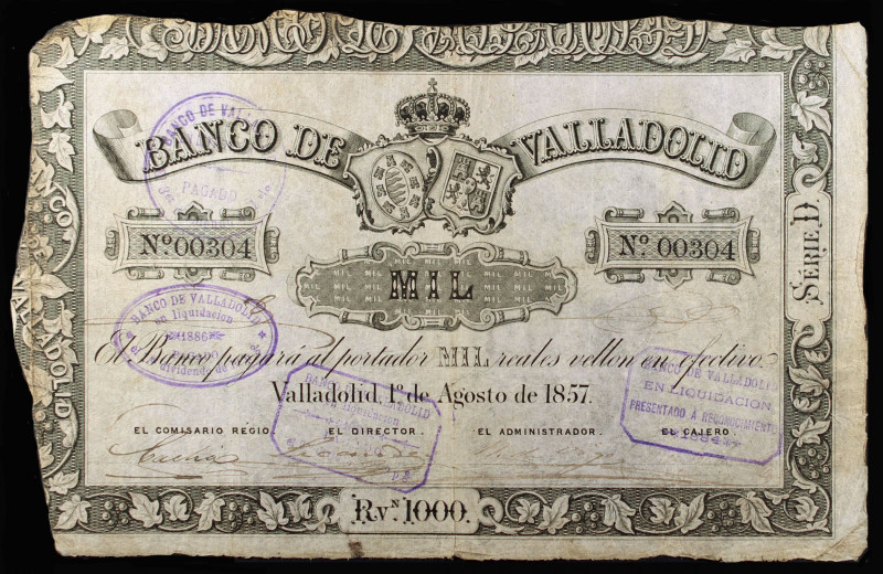 1857. Banco de Valladolid. 1000 reales de vellón. (Ed. A125) (Ed. 134). 1 de ago...