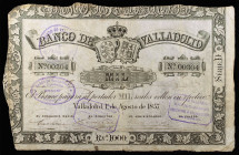 1857. Banco de Valladolid. 1000 reales de vellón. (Ed. A125) (Ed. 134). 1 de agosto. Serie D. 4 firmas, 2 rúbricas y 4 tampones de liquidación distint...