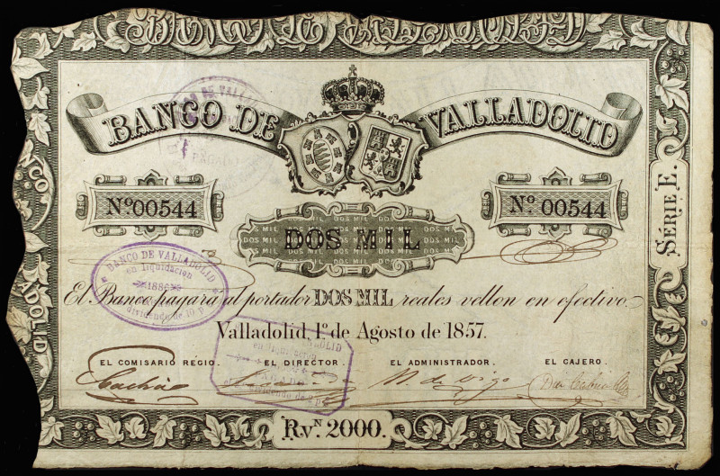1857. Banco de Valladolid. 2000 reales de vellón. (Ed. A126) (Ed. 135). 1 de ago...