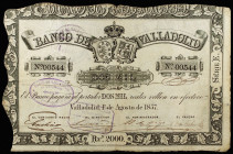 1857. Banco de Valladolid. 2000 reales de vellón. (Ed. A126) (Ed. 135). 1 de agosto. Serie E. 4 firmas, 2 rúbricas y 3 tampones de liquidación distint...