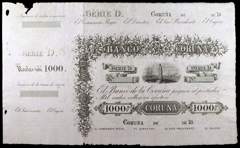 18... (1857). Banco de La Coruña. 1000 reales de vellón. (Ed. A139) (Ed. 152). (...