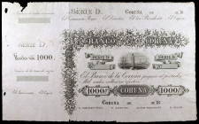 18... (1857). Banco de La Coruña. 1000 reales de vellón. (Ed. A139) (Ed. 152). (25 de noviembre). Serie D. Sin fecha, ni firmas, ni numeración. Con ma...