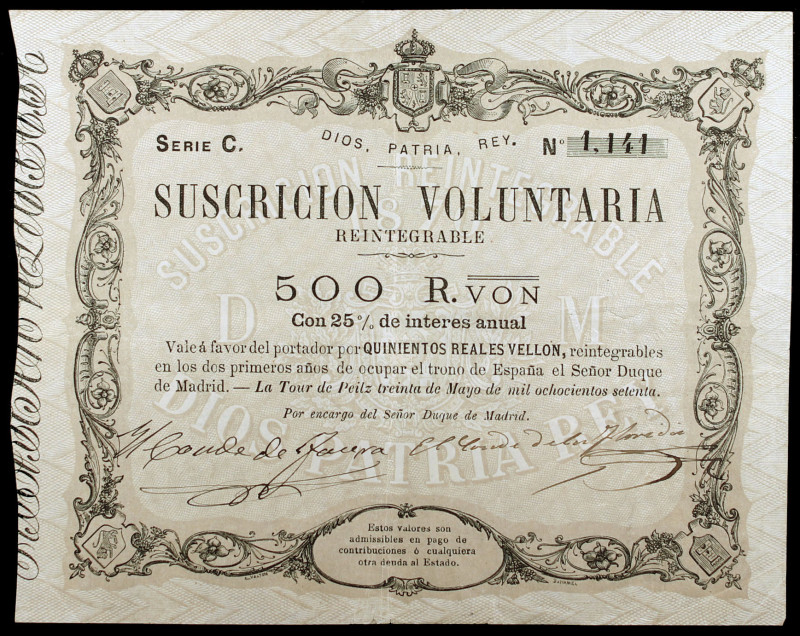 1870. La Tour de Peilz. 500 reales de vellón. (Ed. A207) (Ed. 198). 30 de mayo. ...