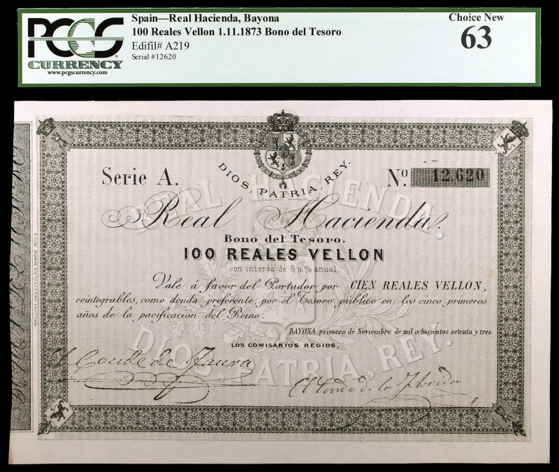 1873. Bayona. Real Hacienda. Bono del Tesoro. 100 reales de vellón. (Ed. A219) (...