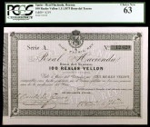 1873. Bayona. Real Hacienda. Bono del Tesoro. 100 reales de vellón. (Ed. A219) (Ed. 210). 1 de noviembre por la PCGS como Choice New 63. Raro así. S/C...