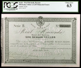 1873. Bayona. Real Hacienda. Bono del Tesoro. 500 reales de vellón. (Ed. A220) (Ed. 211). 1 de noviembre. Serie B. Certificado por la PCGS como Choice...