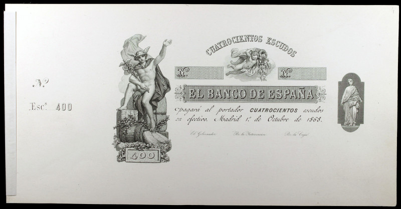 1868. 400 escudos. (Ed. B20p) (Ed. 236P). 1 de octubre. Prueba calcográfica de a...
