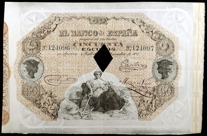 1871. 50 escudos. (Ed. 30f) (Ed. 246F). 1 de diciembre. Falso de época, con la m...