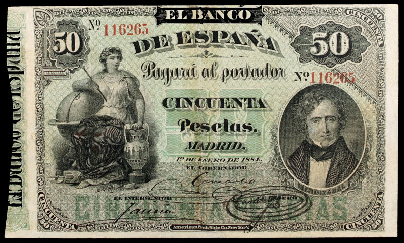 1884. 50 pesetas. (Ed. B67) (Ed. 283). 1 de enero, Mendizábal. Restaurado. Raro....