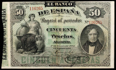 1884. 50 pesetas. (Ed. B67) (Ed. 283). 1 de enero, Mendizábal. Restaurado. Raro. (MBC+).