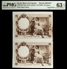 (1908). 25 pesetas. (Ed. NE14pb) (Ed. NE14Pb). (1 de diciembre). Prueba de reverso en marrón, en bloque de dos. Certificada por la PMG como Choice Unc...