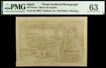 Prueba fotográfica del anverso de un billete de 50 pesetas, 24 de septiembre de 1919 con nº 0,000,000. Certificado por la PMG como Choice Uncirculated...