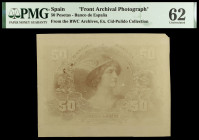 Prueba fotográfica del reverso de un billete de 50 pesetas. Certificada por la PMG como Uncirculated 62. EBC.
