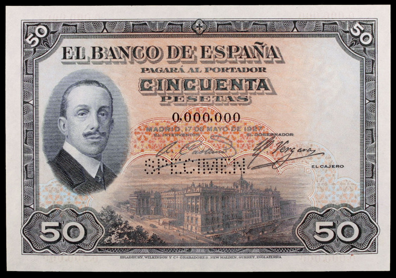 1927. 50 pesetas. (Ed. B110m) (Ed. 326M). 17 de mayo, Alfonso XIII. "SPECIMEN" e...