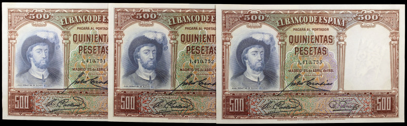 1931. 500 pesetas. (Ed. C12) (Ed. 361). 25 de abril, Elcano. Trío correlativo. E...