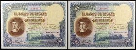 1935. 500 pesetas. (Ed. C16) (Ed. 365). 7 de enero, Hernán Cortés. Pareja correlativa. Extrordinarios ejemplares, con pleno apresto. Raros así. S/C....