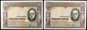 1935. 50 pesetas. (Ed. C17) (Ed. 366). 22 de julio, Ramón y Cajal. Pareja correlativa, sin serie. Esquinas rozadas. S/C-.