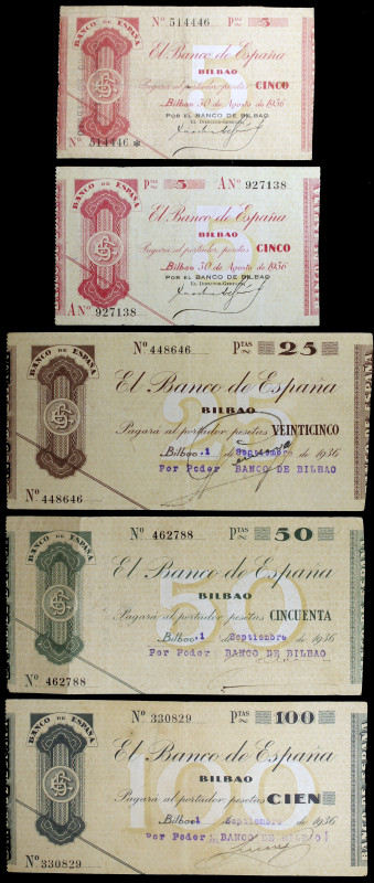 1936. Bilbao. 5 (sin serie y serie A), 25, 50 y 100 pesetas. (Ed. C19d, C19Ab, C...