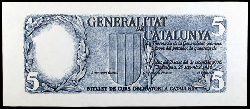 1936. Generalitat de Catalunya. 5 pesetas. 25 de septiembre. Prueba de anverso y...