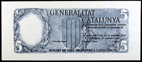 1936. Generalitat de Catalunya. 5 pesetas. 25 de septiembre. Prueba de anverso y reverso en azul. Con texto, sin firmas ni serie. Rara. EBC+.
