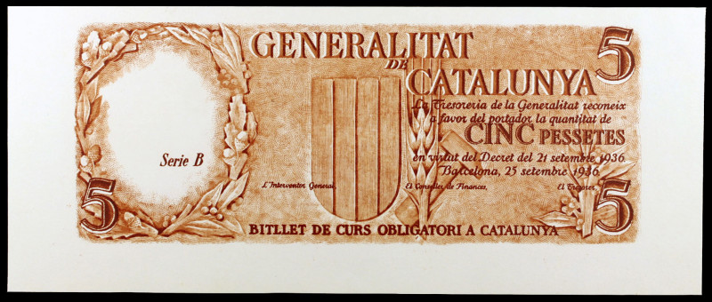 1936. Generalitat de Catalunya. 5 pesetas. 25 de septiembre. Serie B. Prueba de ...