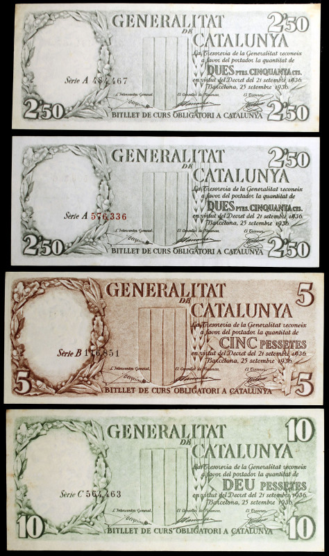 1936. Generalitat de Catalunya. 2,50 (A, negro y rojo), 5 y 10 pesetas. (Ed. C23...