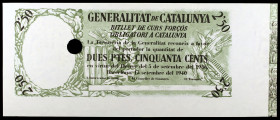 1940. Generalitat de Catalunya. 2,50 pesetas. (Ed. 372pa). 15 de septiembre. Prueba no adoptada de anverso y reverso con taladro. Rara. S/C-.